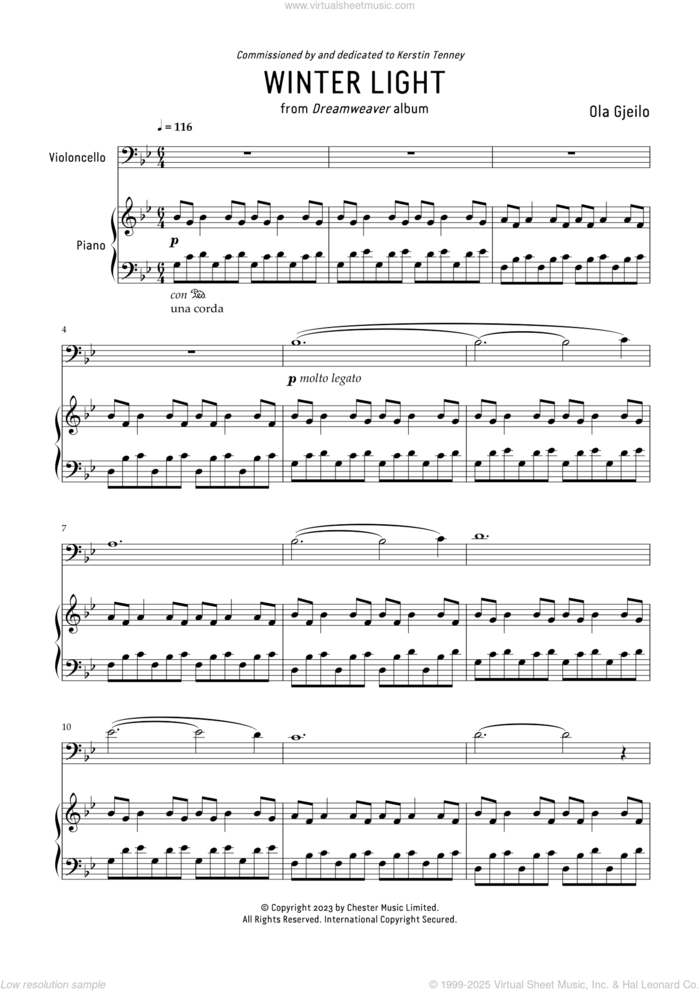 Winter Light sheet music for cello and piano by Ola Gjeilo, classical score, intermediate skill level
