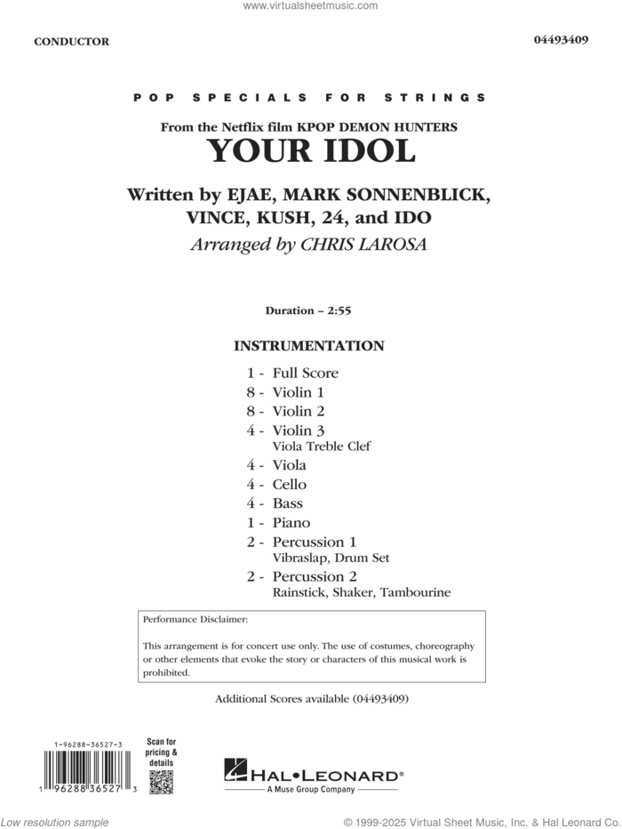 Your Idol (from KPop Demon Hunters) (arr. Chris Larosa) (COMPLETE) sheet music for orchestra by Saja Boys, 24, Chris Larosa, Ejae (Aka Kim Eun-Jae), Ido, Kush (aka Byoung-hoon Kim), Mark Sonnenblick and Vince (aka Joe Rhee), intermediate skill level