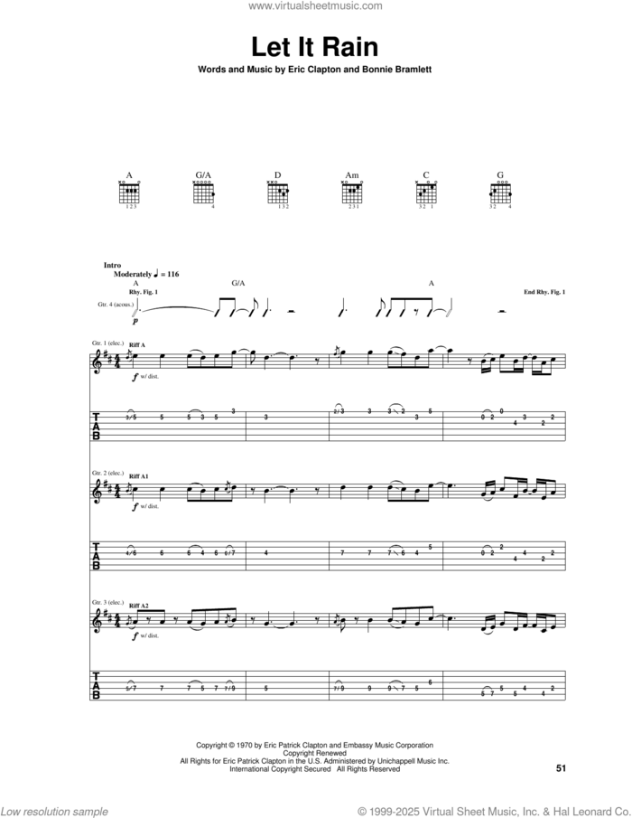 Let It Rain sheet music for guitar (tablature) by Eric Clapton and Bonnie Bramlett, intermediate skill level
