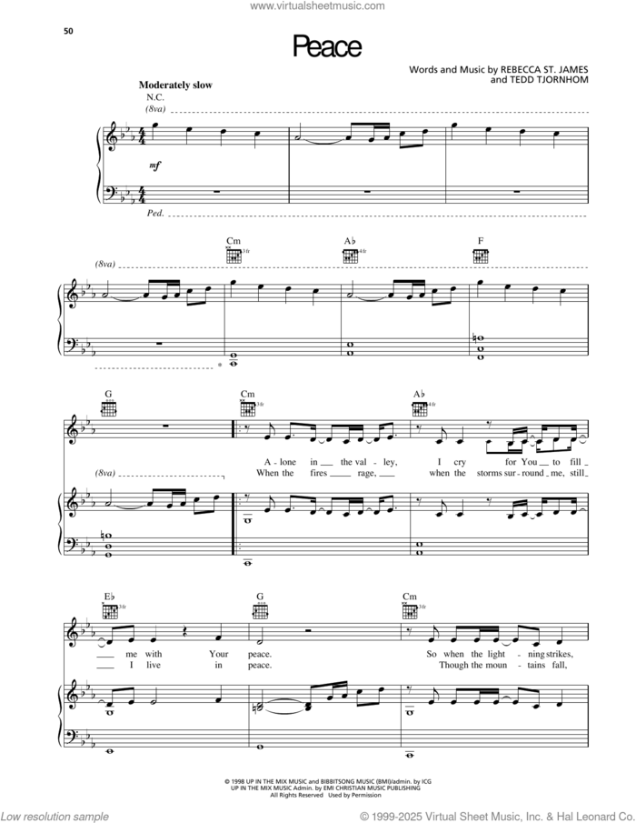 Peace sheet music for voice, piano or guitar by Rebecca St. James and Tedd Tjornhom, intermediate skill level
