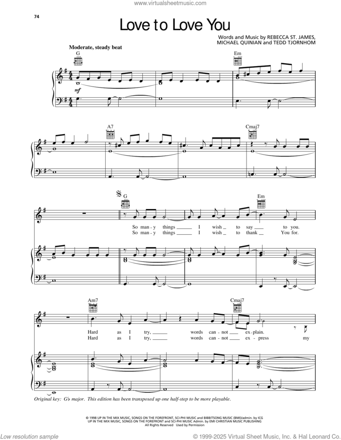 Love To Love You sheet music for voice, piano or guitar by Rebecca St. James, Michael Quinlan and Tedd Tjornhom, intermediate skill level