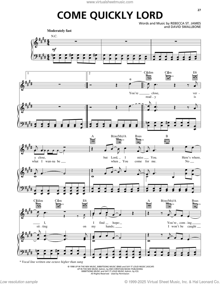 Come Quickly Lord sheet music for voice, piano or guitar by Rebecca St. James and David Smallbone, intermediate skill level