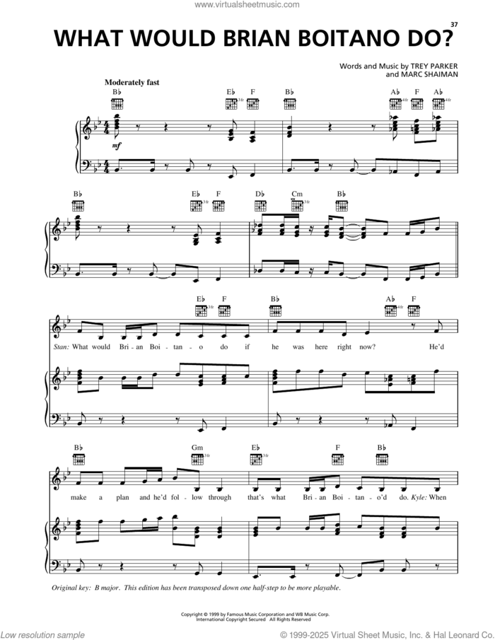 What Would Brian Boitano Do? (from South Park) sheet music for voice, piano or guitar by Trey Parker and Marc Shaiman, intermediate skill level