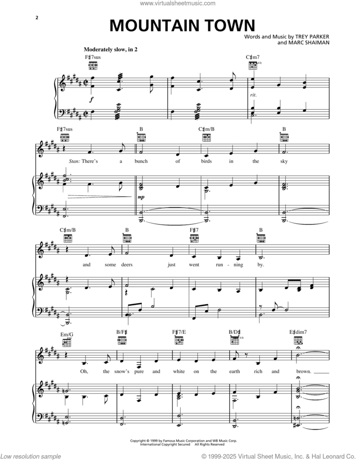 Mountain Town (from South Park) sheet music for voice, piano or guitar by Trey Parker and Marc Shaiman, intermediate skill level