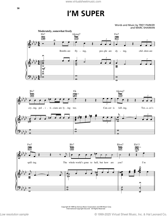 I'm Super (from South Park) sheet music for voice, piano or guitar by Trey Parker and Marc Shaiman, intermediate skill level