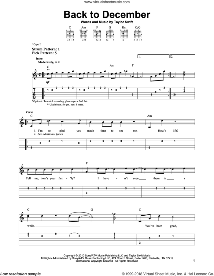 Back To December sheet music for guitar solo (easy tablature) by Taylor Swift, easy guitar (easy tablature)