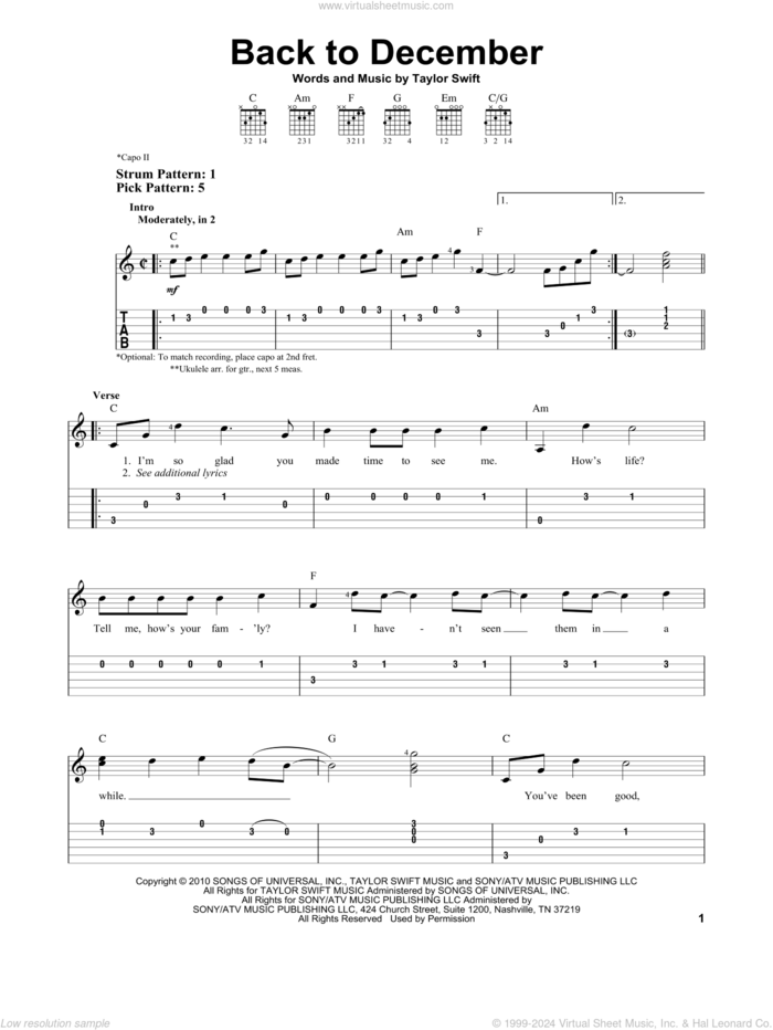 Back To December sheet music for guitar solo (easy tablature) by Taylor Swift, easy guitar (easy tablature)