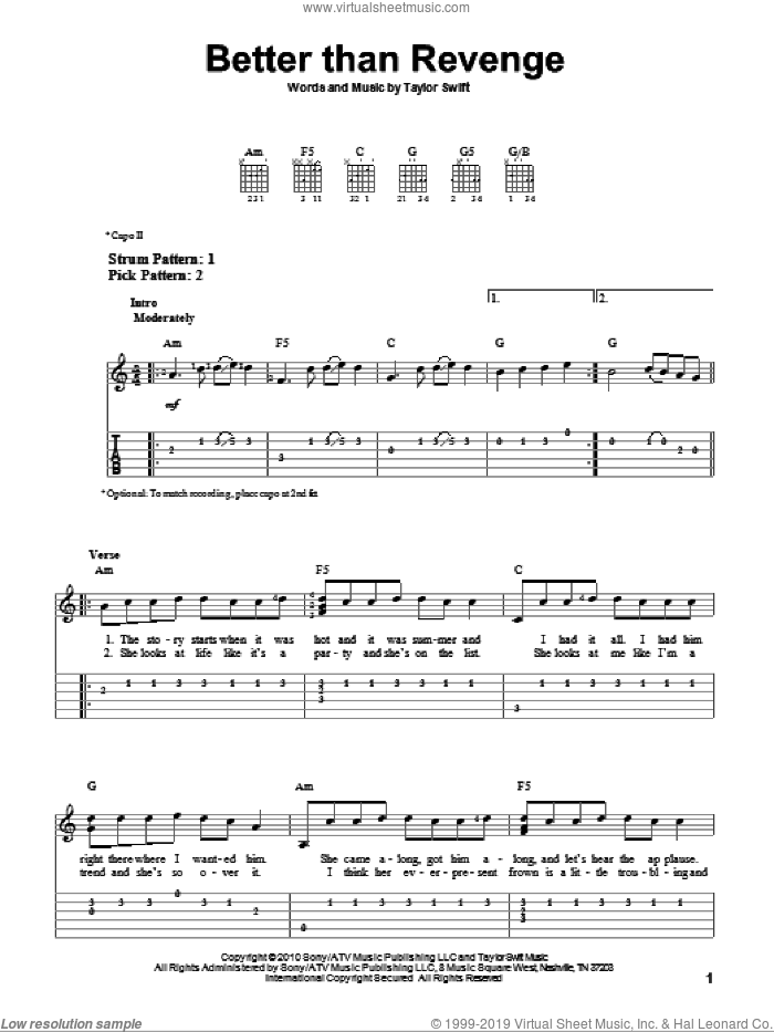 Better Than Revenge sheet music for guitar solo (easy tablature) by Taylor Swift, easy guitar (easy tablature)