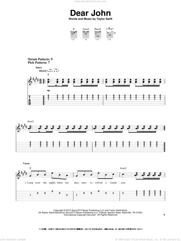 Dear John sheet music for guitar solo (easy tablature) by Taylor Swift, easy guitar (easy tablature)