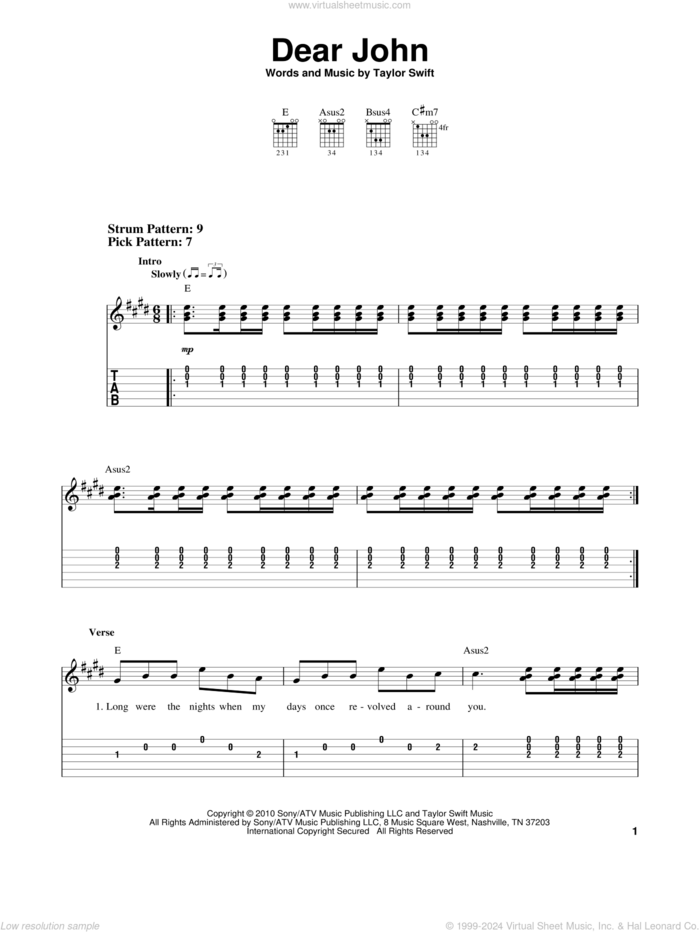 Dear John sheet music for guitar solo (easy tablature) by Taylor Swift, easy guitar (easy tablature)