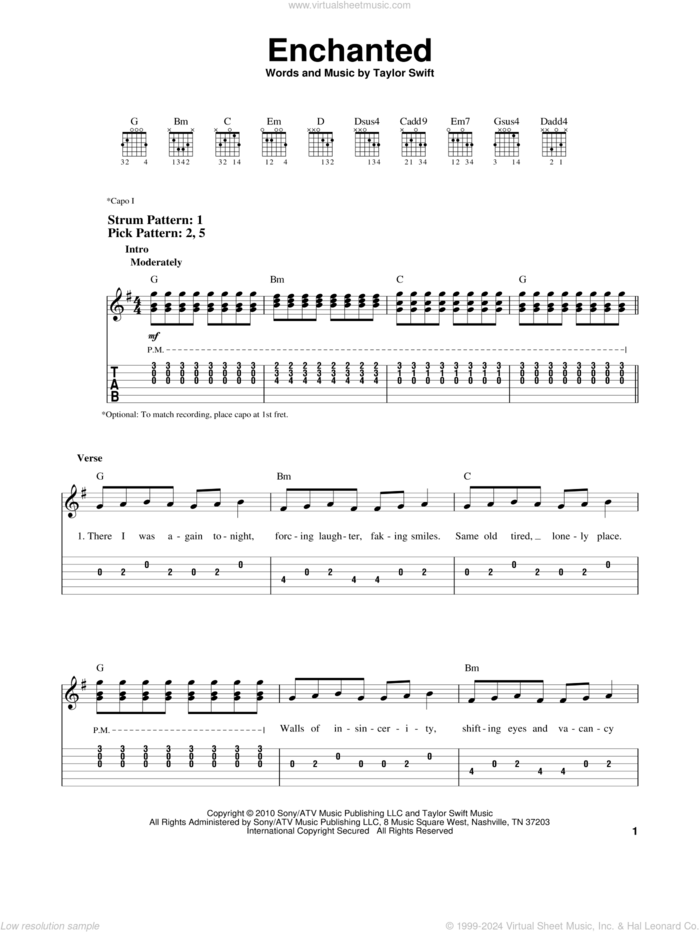 Enchanted sheet music for guitar solo (easy tablature) by Taylor Swift, easy guitar (easy tablature)