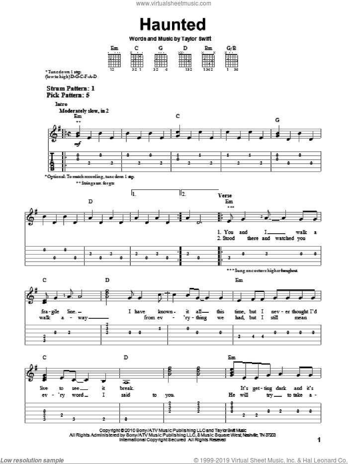 Haunted sheet music for guitar solo (easy tablature) by Taylor Swift, easy guitar (easy tablature)