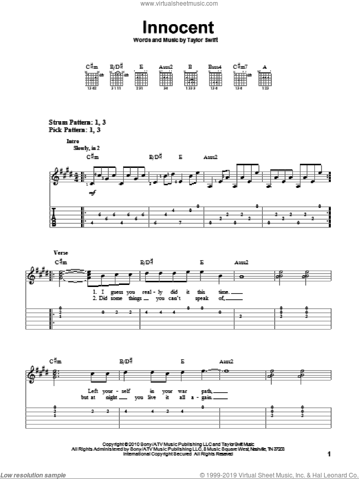 Innocent sheet music for guitar solo (easy tablature) by Taylor Swift, easy guitar (easy tablature)