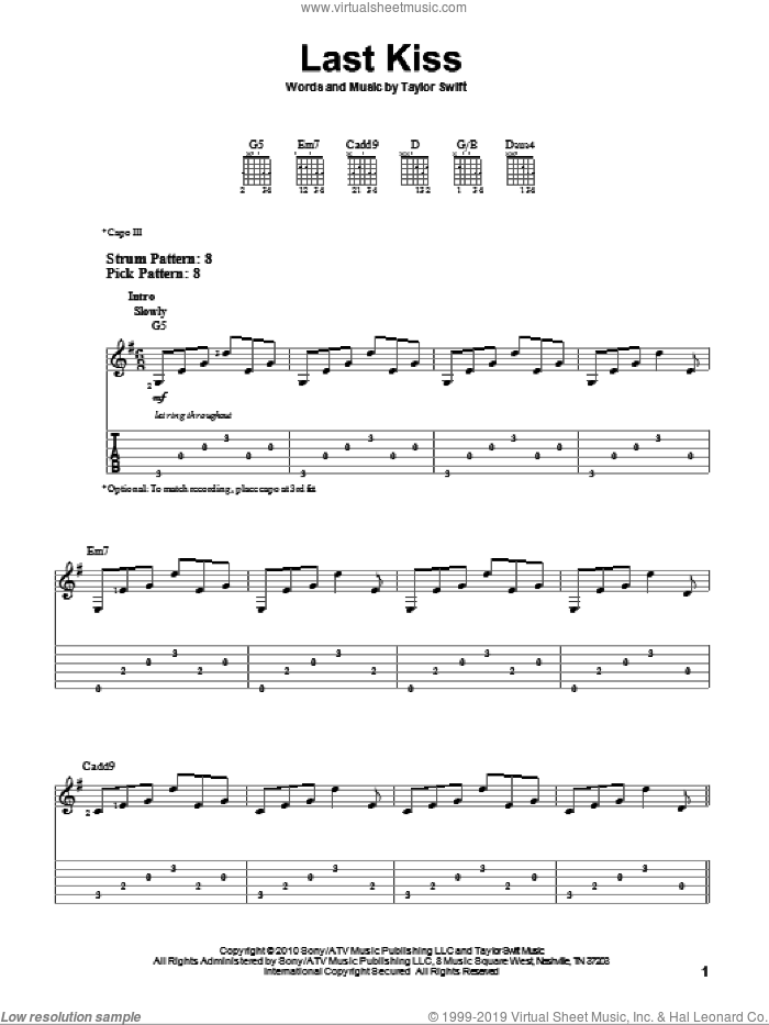 Last Kiss sheet music for guitar solo (easy tablature) by Taylor Swift, easy guitar (easy tablature)