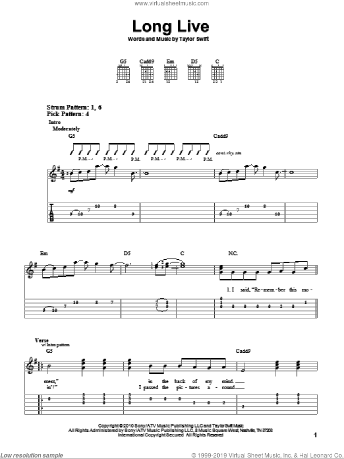 Long Live sheet music for guitar solo (easy tablature) by Taylor Swift, easy guitar (easy tablature)