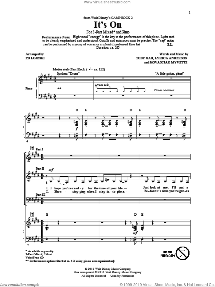 It's On (from Camp Rock 2) (arr. Ed Lojeski) sheet music for choir (3-Part Mixed) by Demi Lovato, Kovasciar Myvette, Lyrica Anderson, Toby Gad and Ed Lojeski, intermediate skill level