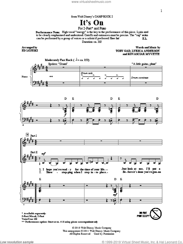 It's On (from Camp Rock 2) (arr. Ed Lojeski) sheet music for choir (2-Part) by Demi Lovato, Kovasciar Myvette, Lyrica Anderson, Toby Gad and Ed Lojeski, intermediate duet