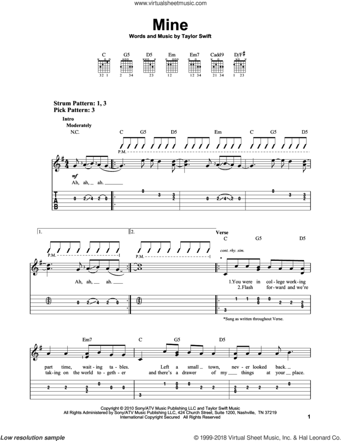 Mine sheet music for guitar solo (easy tablature) by Taylor Swift, easy guitar (easy tablature)