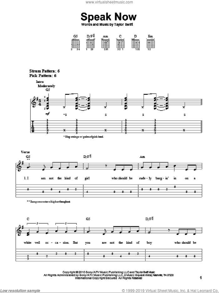 Speak Now sheet music for guitar solo (easy tablature) by Taylor Swift, easy guitar (easy tablature)