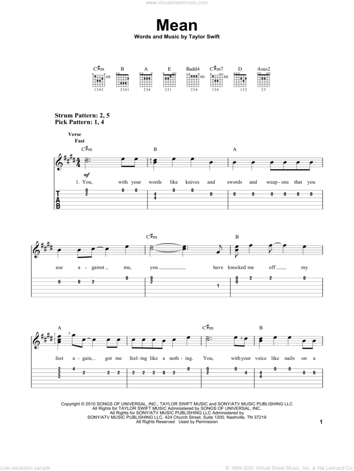 Mean sheet music for guitar solo (easy tablature) by Taylor Swift, easy guitar (easy tablature)
