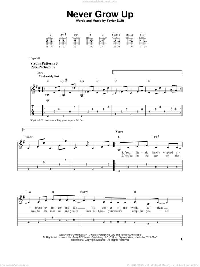 Never Grow Up sheet music for guitar solo (easy tablature) by Taylor Swift, easy guitar (easy tablature)