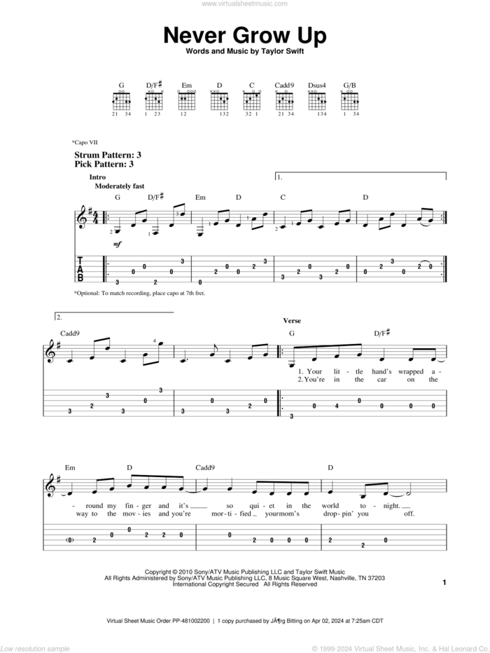 Never Grow Up sheet music for guitar solo (easy tablature) by Taylor Swift, easy guitar (easy tablature)