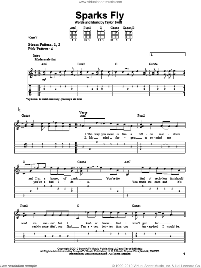 Sparks Fly sheet music for guitar solo (easy tablature) by Taylor Swift, easy guitar (easy tablature)