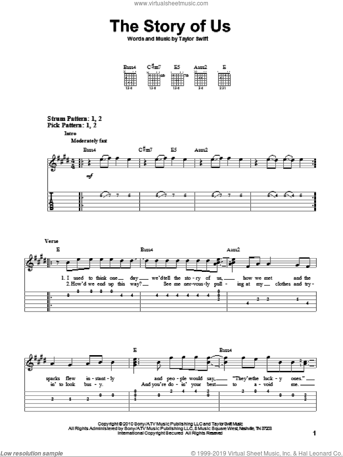 The Story Of Us sheet music for guitar solo (easy tablature) by Taylor Swift, easy guitar (easy tablature)