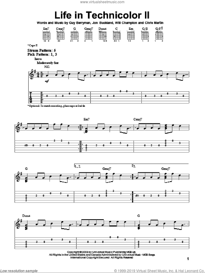 Life In Technicolor II sheet music for guitar solo (easy tablature) by Coldplay, Chris Martin, Guy Berryman, Jon Buckland and Will Champion, easy guitar (easy tablature)