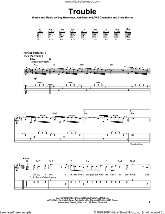 Trouble sheet music for guitar solo (easy tablature) by Coldplay, Chris Martin, Guy Berryman, Jon Buckland and Will Champion, easy guitar (easy tablature)