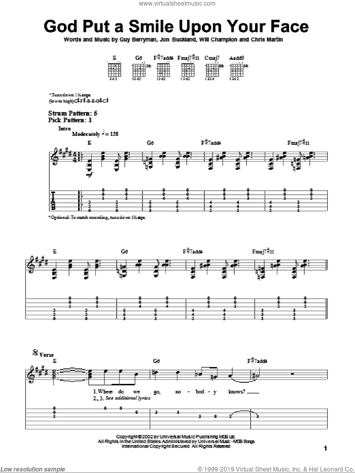 God Put A Smile Upon Your Face sheet music for guitar solo (easy tablature) by Coldplay, Chris Martin, Guy Berryman, Jon Buckland and Will Champion, easy guitar (easy tablature)