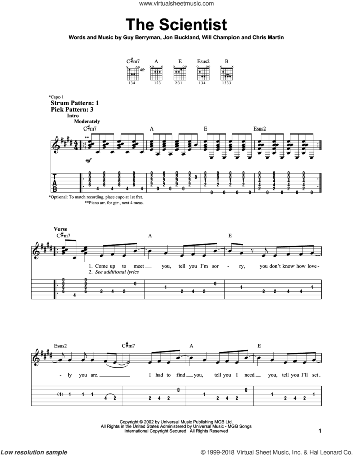 The Scientist sheet music for guitar solo (easy tablature) by Coldplay, Chris Martin, Guy Berryman, Jon Buckland and Will Champion, easy guitar (easy tablature)