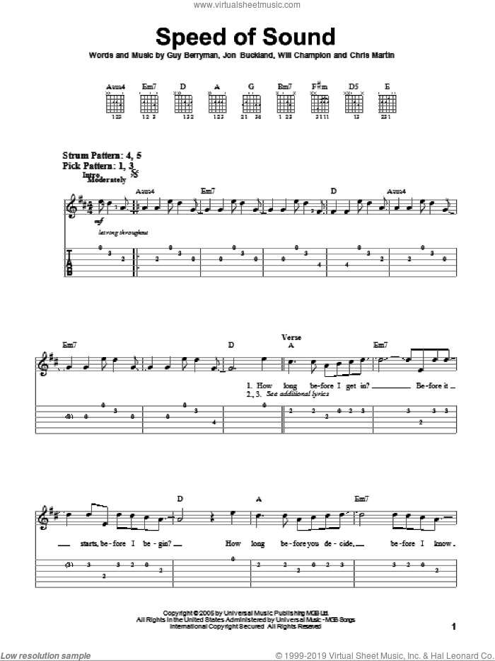 Speed Of Sound sheet music for guitar solo (easy tablature) by Coldplay, Chris Martin, Guy Berryman, Jon Buckland and Will Champion, easy guitar (easy tablature)