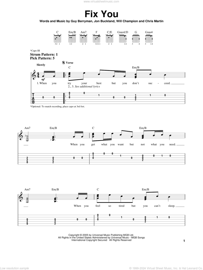 Fix You sheet music for guitar solo (easy tablature) by Coldplay, Chris Martin, Guy Berryman, Jon Buckland and Will Champion, easy guitar (easy tablature)