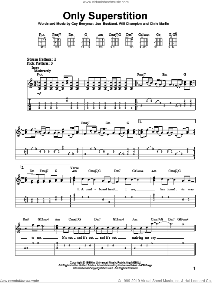 Only Superstition sheet music for guitar solo (easy tablature) by Coldplay, Chris Martin, Guy Berryman, Jon Buckland and Will Champion, easy guitar (easy tablature)