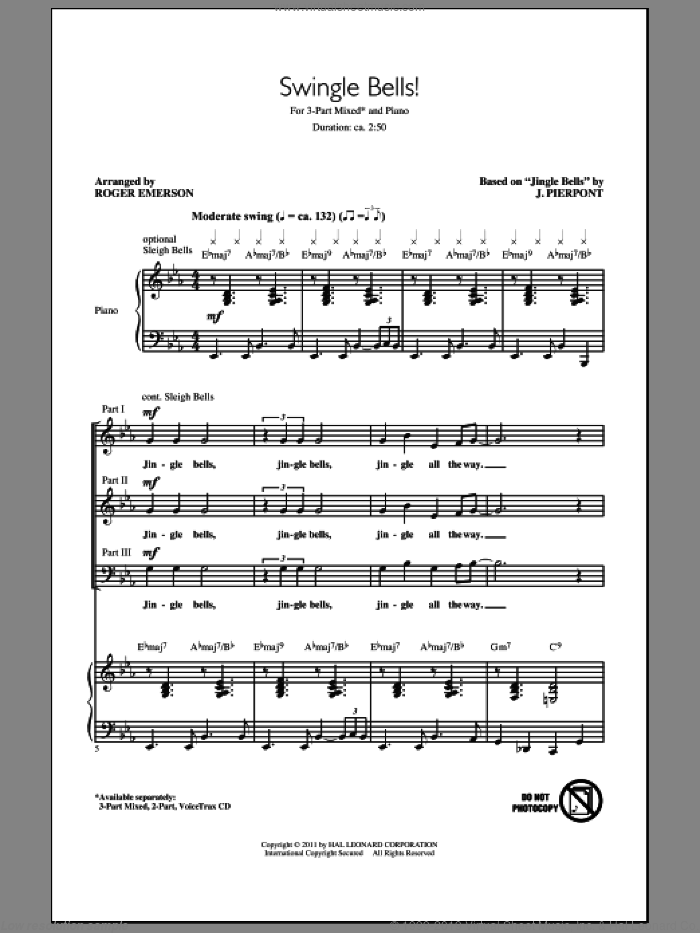 Swingle Bells! sheet music for choir (3-Part Mixed) by James Pierpont and Roger Emerson, intermediate skill level
