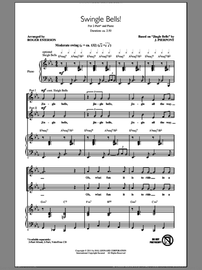 Swingle Bells! sheet music for choir (2-Part) by James Pierpont and Roger Emerson, intermediate duet