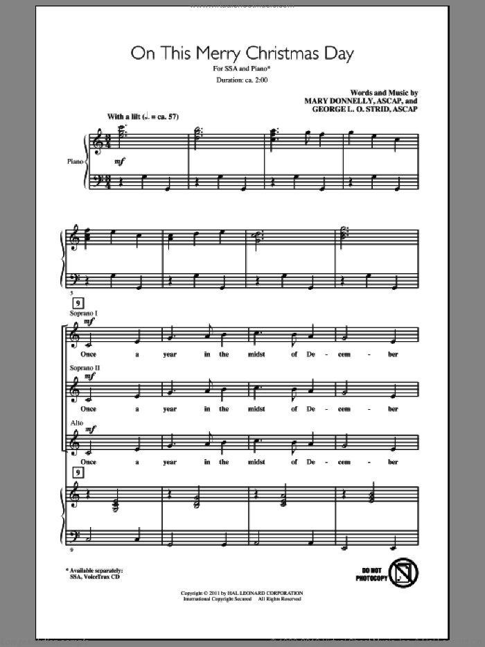 On This Merry Christmas Day sheet music for choir (SSA: soprano, alto) by Mary Donnelly and George L.O. Strid, intermediate skill level
