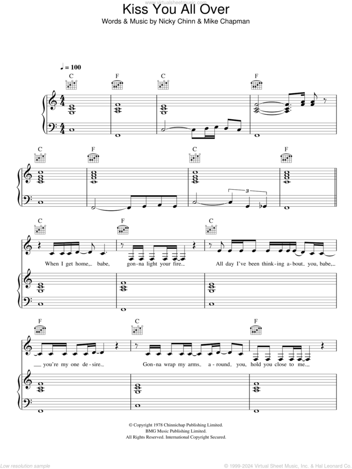 Kiss You All Over sheet music for voice, piano or guitar by Exile, Mike Chapman and Nicky Chinn, intermediate skill level