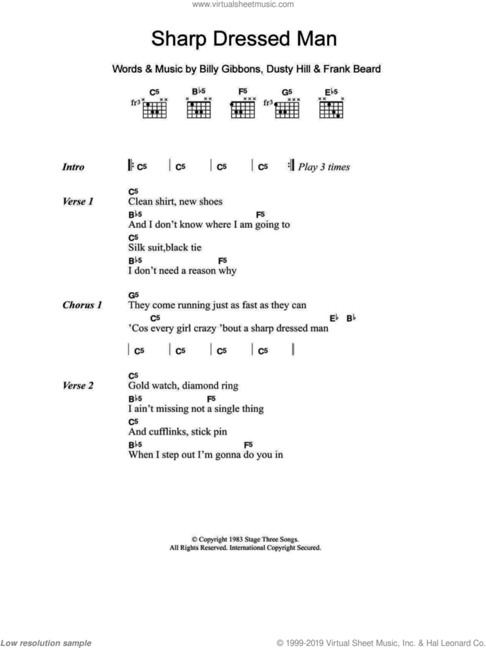 Sharp Dressed Man sheet music for guitar (chords) by ZZ Top, Billy Gibbons, Dusty Hill and Frank Beard, intermediate skill level