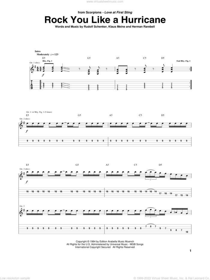 Rock You Like A Hurricane sheet music for guitar (tablature) by Scorpions, Herman Rarebell, Klaus Meine and Rudolf Schenker, intermediate skill level