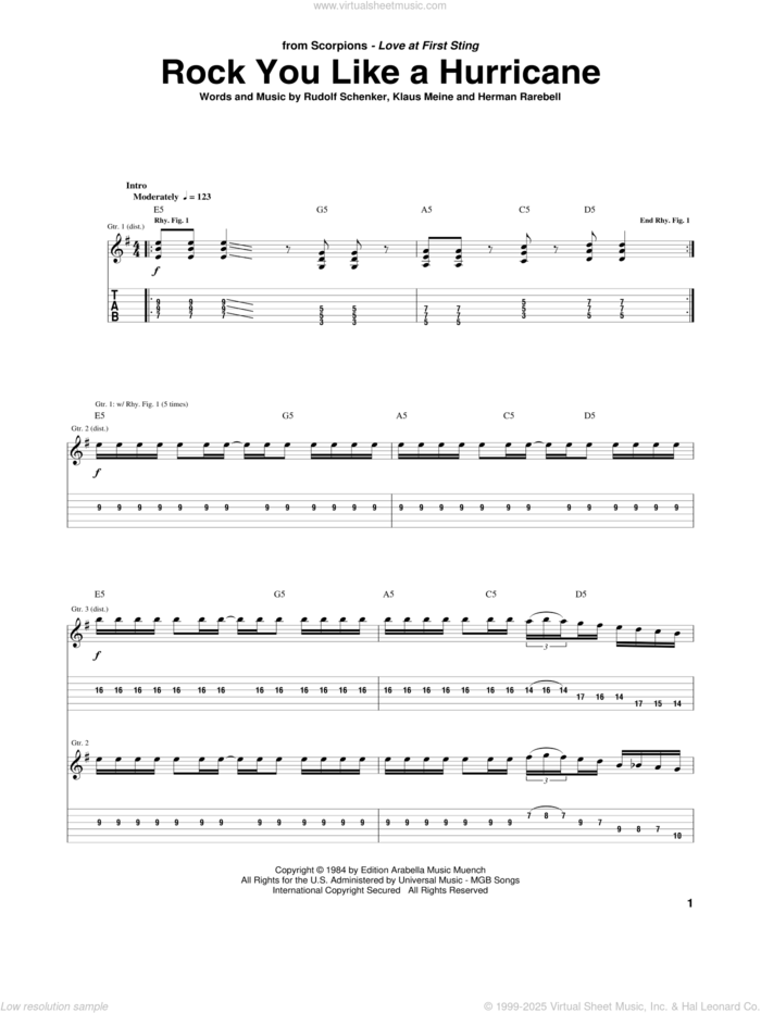 Rock You Like A Hurricane sheet music for guitar (tablature) by Scorpions, Herman Rarebell, Klaus Meine and Rudolf Schenker, intermediate skill level