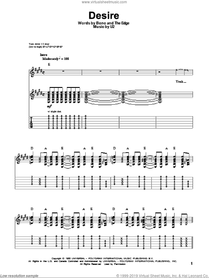 Desire sheet music for guitar (tablature, play-along) by U2, Bono and The Edge, intermediate skill level