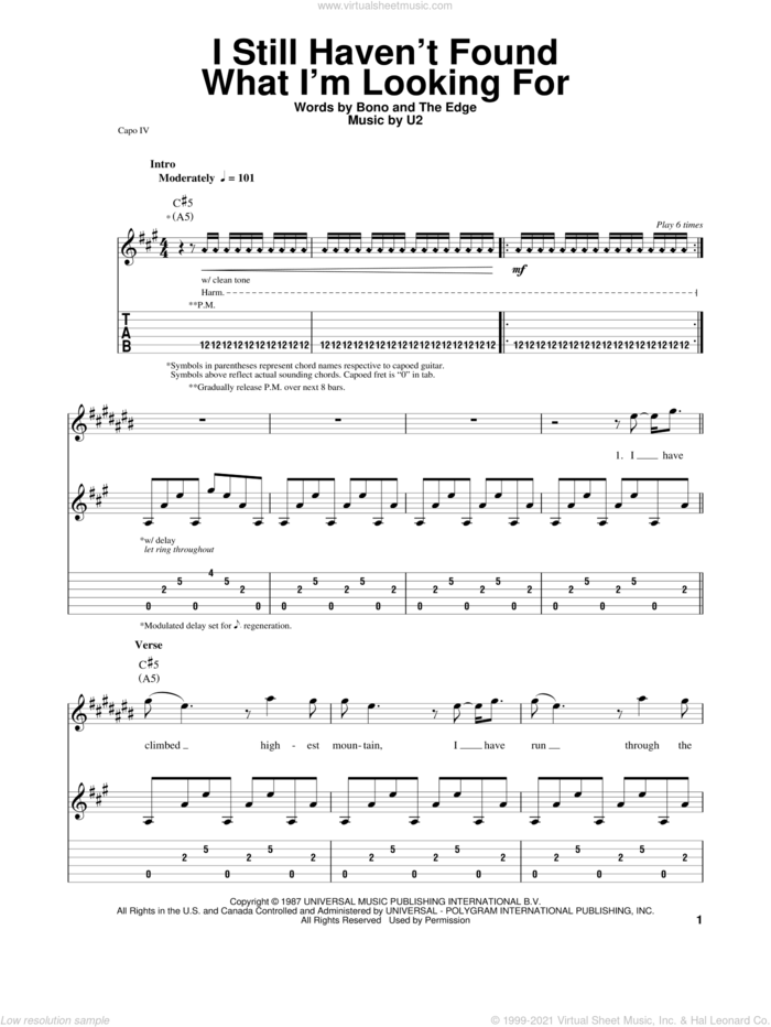 I Still Haven't Found What I'm Looking For sheet music for guitar (tablature, play-along) by U2, Bono and The Edge, intermediate skill level