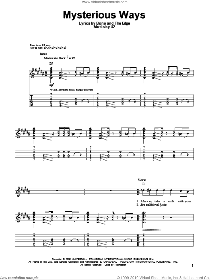Mysterious Ways sheet music for guitar (tablature, play-along) by U2, Bono and The Edge, intermediate skill level
