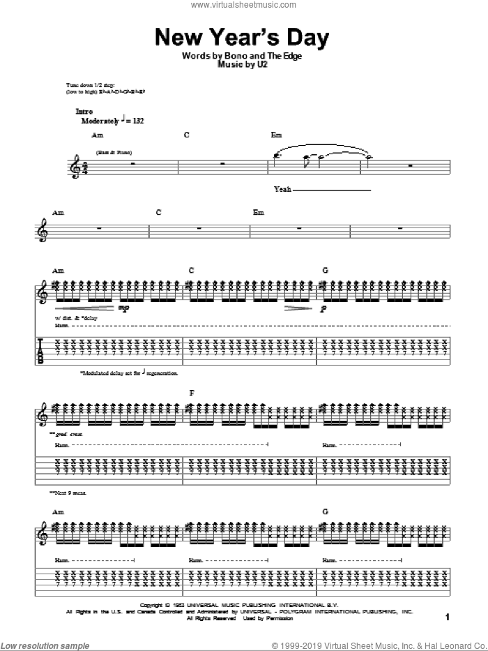 New Year's Day sheet music for guitar (tablature, play-along) by U2, Bono and The Edge, intermediate skill level