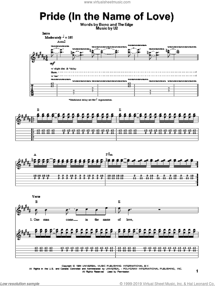 Pride (In The Name Of Love) sheet music for guitar (tablature, play-along) by U2, Clivelles & Cole, Bono and The Edge, intermediate skill level