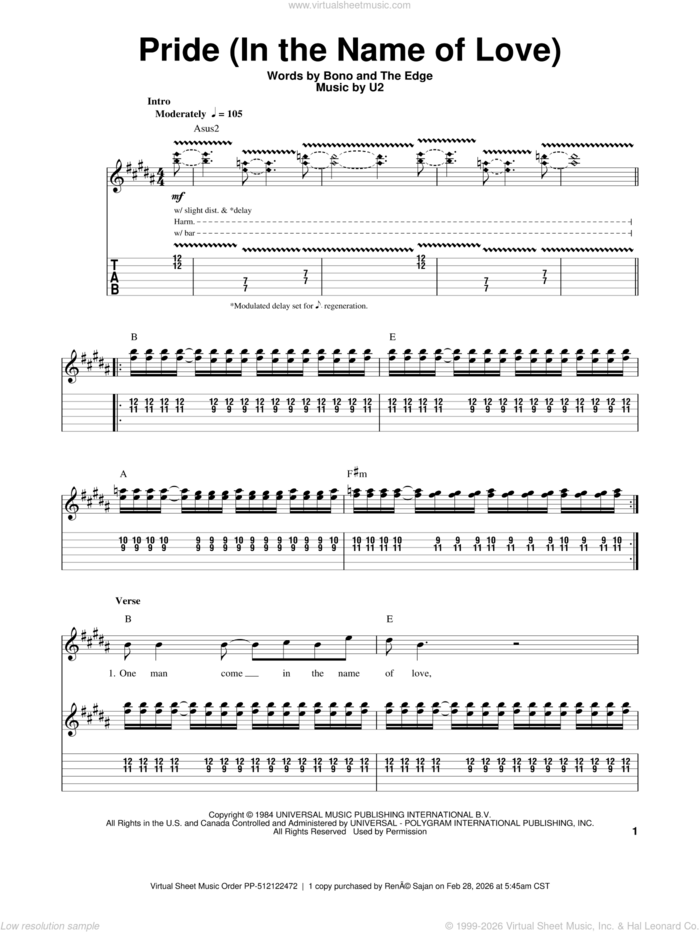 Pride (In The Name Of Love) sheet music for guitar (tablature, play-along) by U2, Clivelles & Cole, Bono and The Edge, intermediate skill level