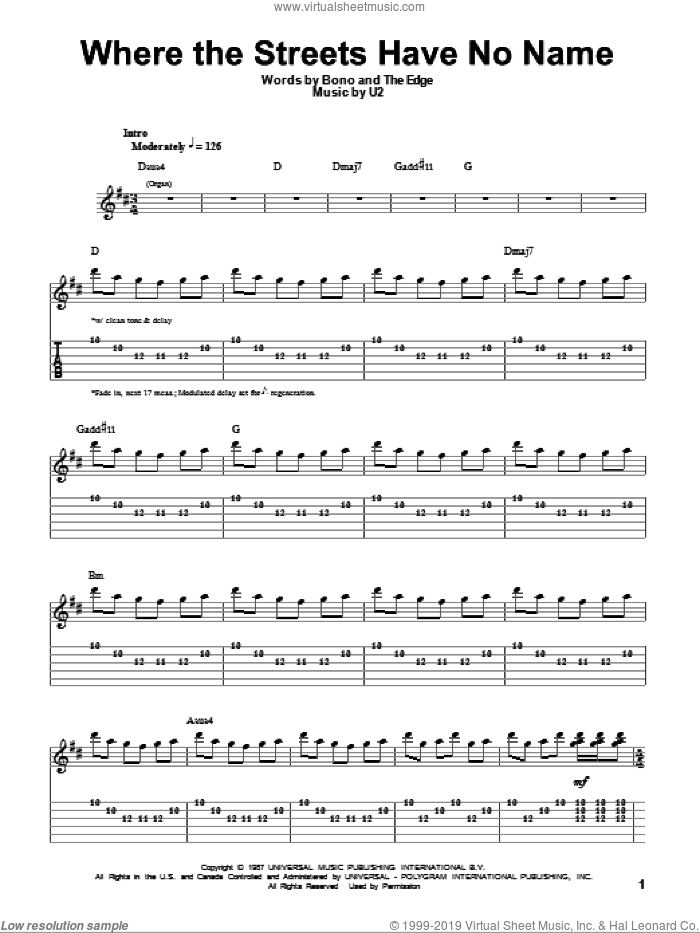Where The Streets Have No Name sheet music for guitar (tablature, play-along) by U2, Bono and The Edge, intermediate skill level