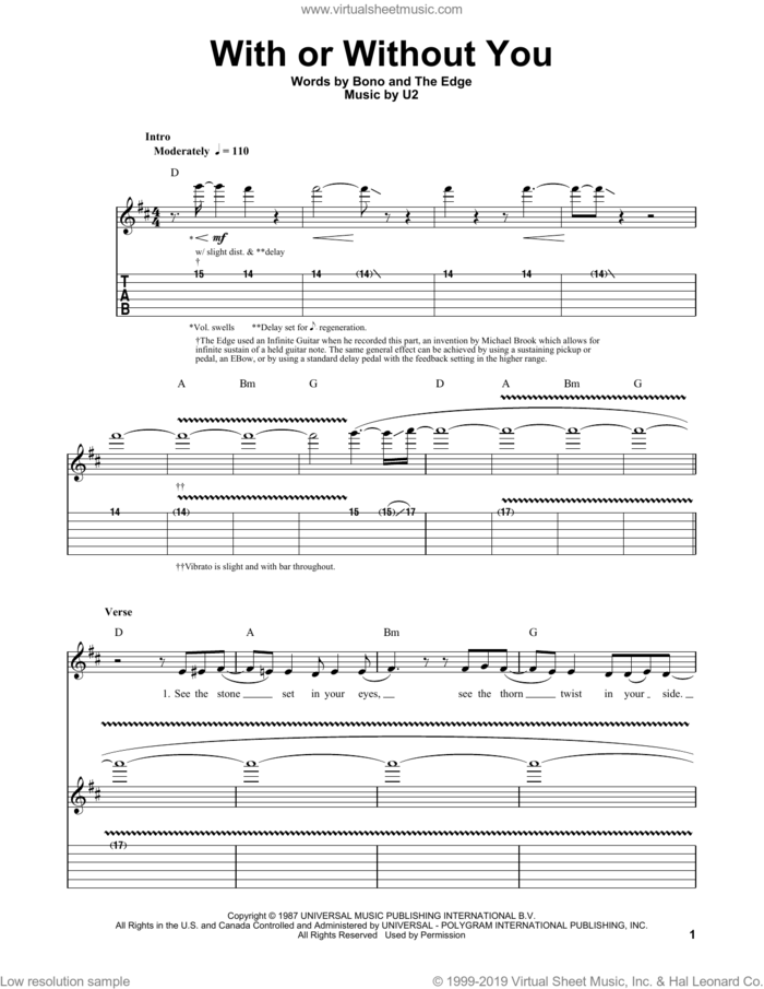 With Or Without You sheet music for guitar (tablature, play-along) by U2, Bono and The Edge, intermediate skill level
